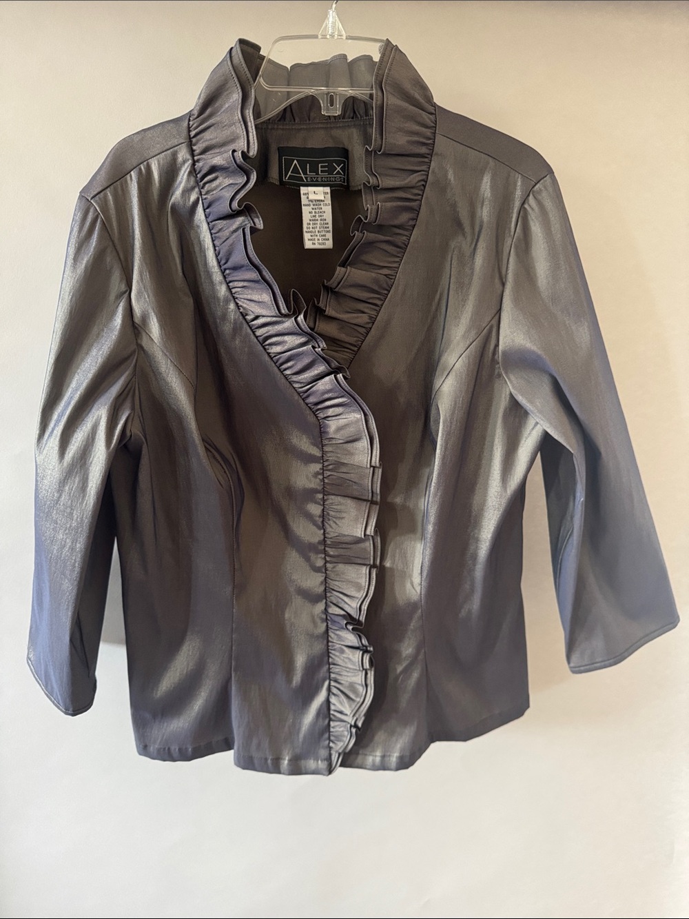 Alex Evenings Metallic Grey Sage Ruffle-Front Jacket